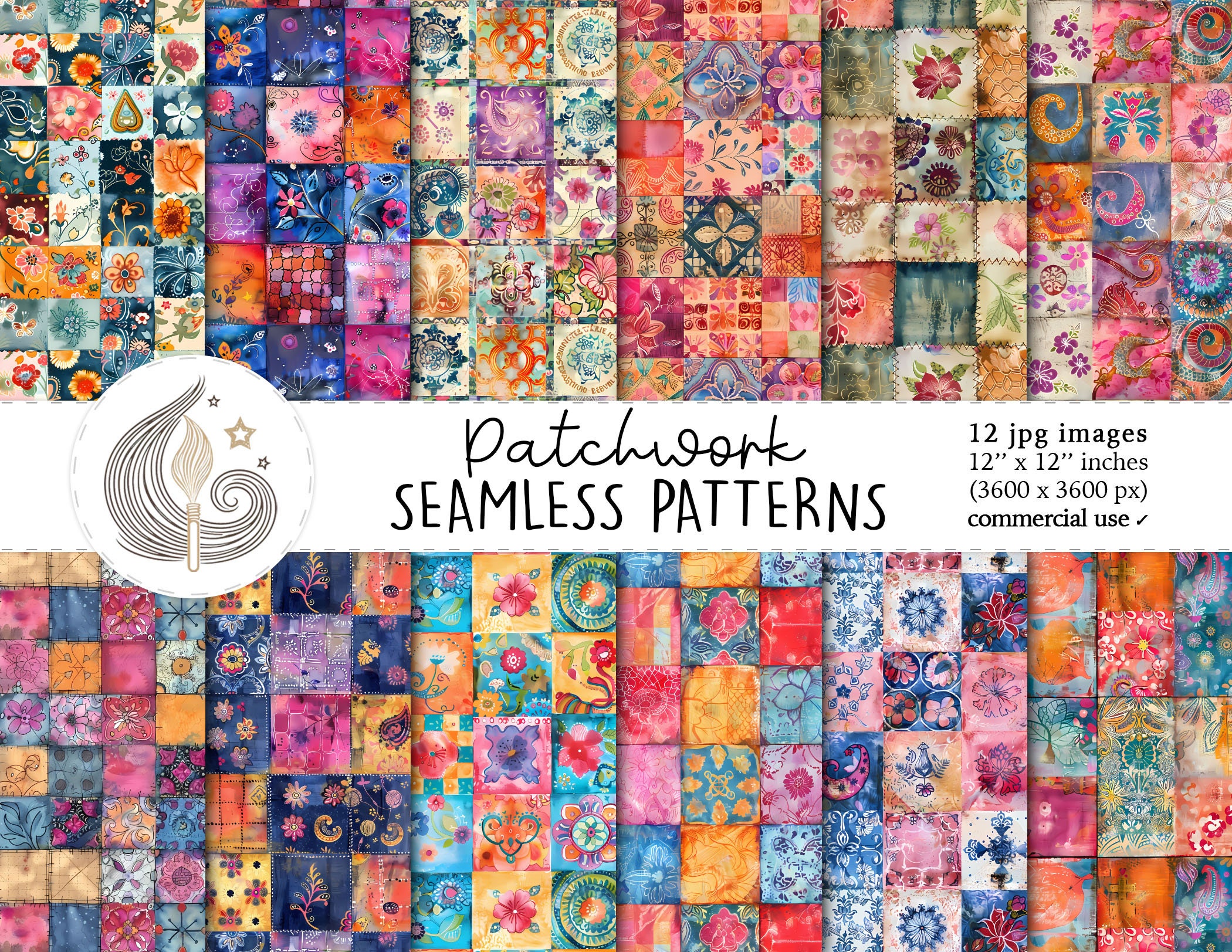 Seamless Boho Patchwork Pattern | Commercial Use | Seamless Patchwork Digital Paper | Vintage Retro Hippie Gypsy | Scrapbook Paper