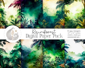 Rainforest Digital Paper | Watercolor Background | Commercial Use | Scrapbook Paper | Nature | Tropical | Trees | Leaves