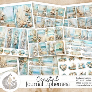 Coastal Junk Journal Ephemera-pakket | Afdrukbare tags, etiketten, ATC-kaarten, bladwijzers | Collageblad | Nautisch | Zee | Oceaan | Strand