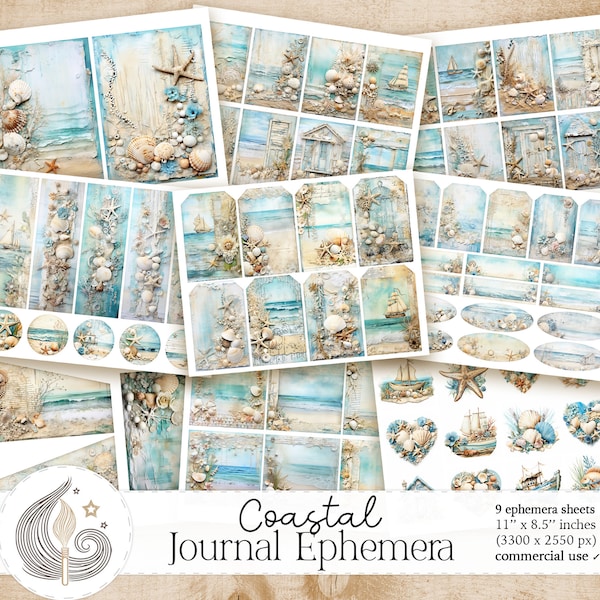Coastal Junk Journal Ephemera Pack | Printable Tags, Labels, ATC Cards, Bookmarks | Collage Sheet | Nautical | Sea | Ocean | Beach