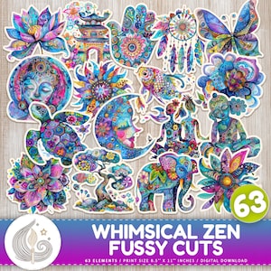 May include: A collection of whimsical, colorful stickers with a zen theme. The stickers feature various designs, including a Buddha, elephant, lotus flowers, and a butterfly. The text on the image reads "WHIMSICAL ZEN FUSSY CUTS". The print size is 8.5" x 11" inches.