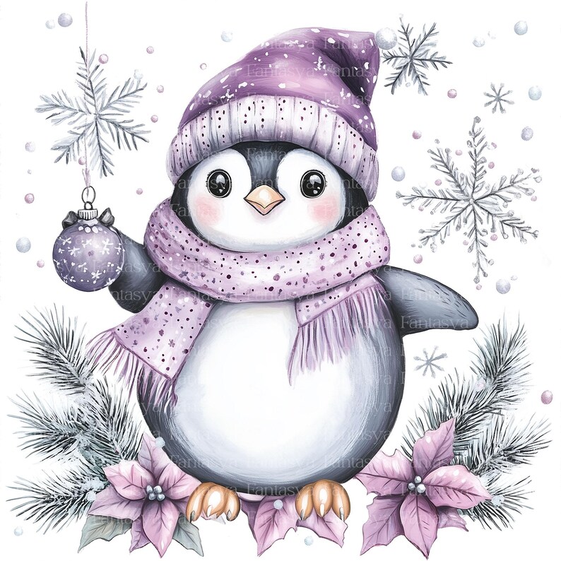 Puede incluir: Un lindo ping&uuml;ino de dibujos animados con un gorro y una bufanda morados sostiene un adorno navide&ntilde;o morado. El ping&uuml;ino est&aacute; de pie sobre un lecho de poinsettias rosas y rodeado de copos de nieve.