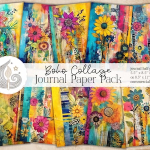 Boho Collage Junk Journal Pages | Utilisation commerciale | Patchwork floral abstrait coloré technique mixte | Papier imprimable | Album de coupures