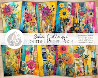 Puede incluir: Un conjunto de 6 papeles digitales de collage con diseños florales coloridos y texturas abstractas. Los papeles miden 5,5 pulgadas por 8,5 pulgadas y están diseñados para su uso en diarios. Los papeles son para uso comercial.