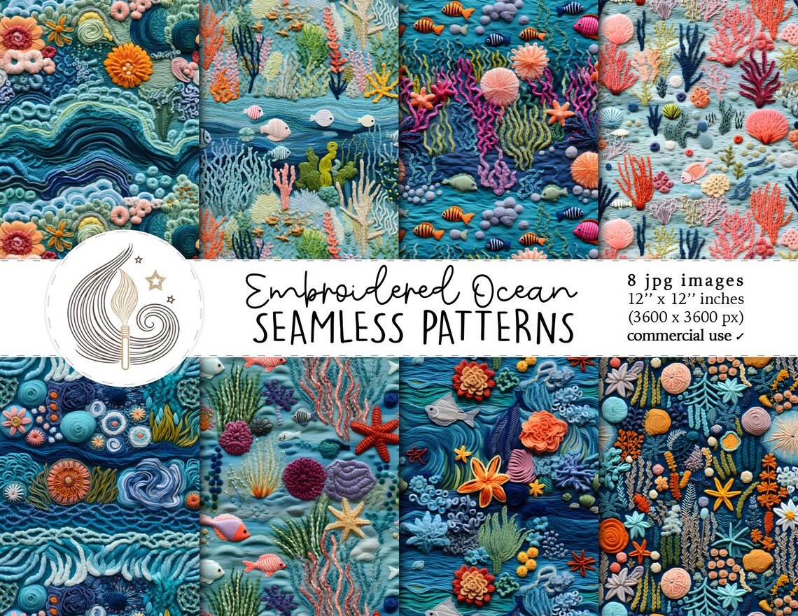 Embroidered Ocean Seamless Patterns: Underwater Digital Paper Pack With ...