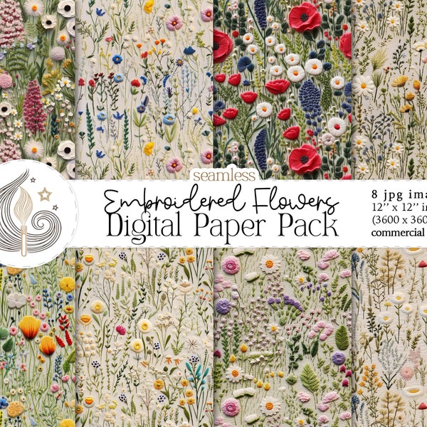 Wildflower Embroidery Seamless Pattern | Embroidered Flowers | 3D Floral Pattern | Digital Paper | Fabric Printing | Commercial Use