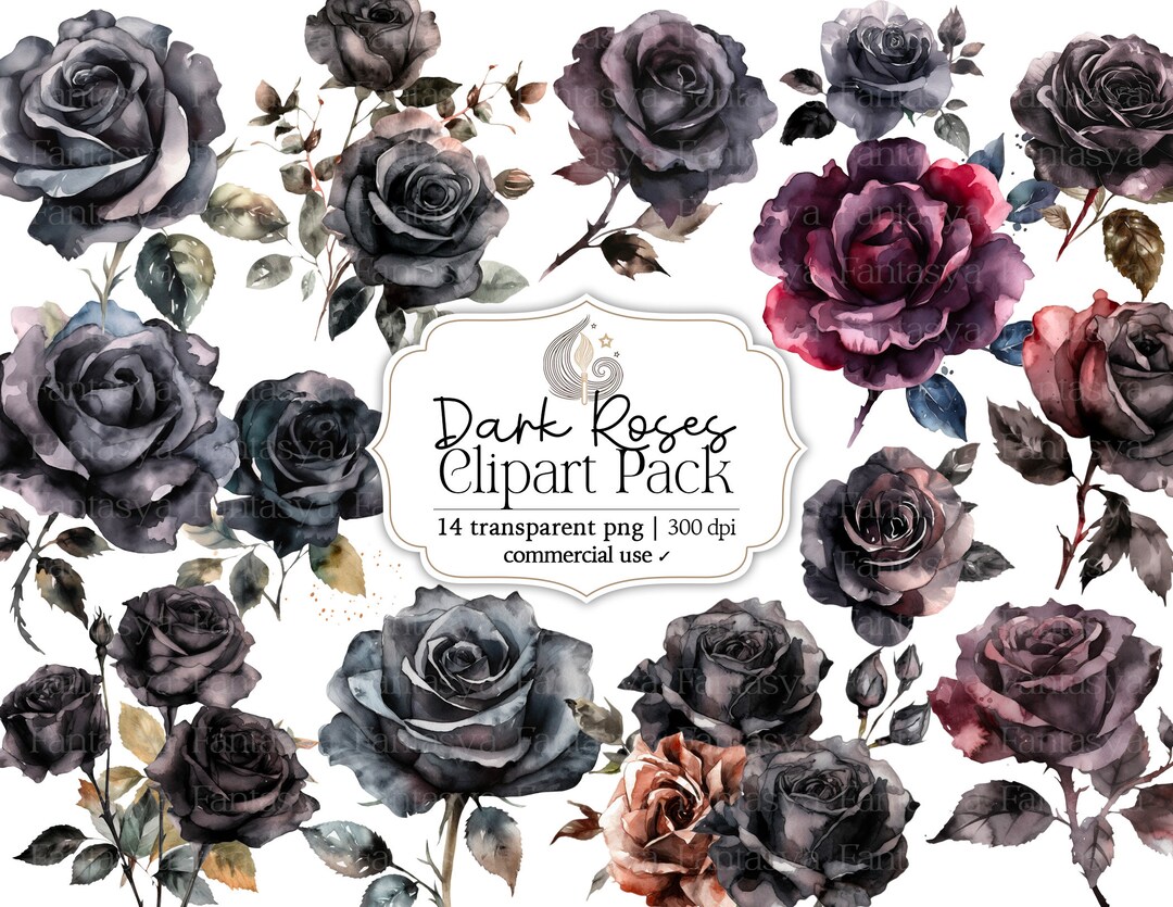 Watercolor Dark Roses Clipart Pack: Black Roses and Gothic Florals (PNG ...