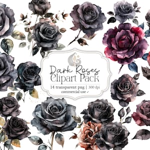 Rosen Clipart Pack | Aquarell Clipart | Aquarell Rosen | Schwarze Rose Png | Blumen Clipart | Digitaler Download | Kommerzielle Nutzung