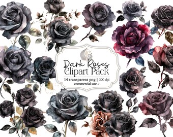 Watercolor Dark Roses Clipart Pack: Black Roses and Gothic Florals (PNG)