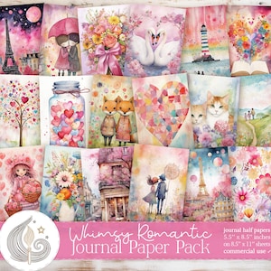 Páginas de diario con acuarelas románticas y caprichosas / Kit de diario basura para San Valentín / Papel imprimible / Scrapbooking / Fabricación de tarjetas / Manualidades / Bricolaje