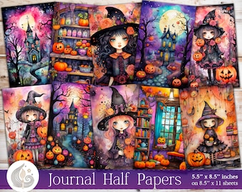 Witchy Junk Journal Pages: Watercolor Halloween Papers with Witches and Nighttime Scenes