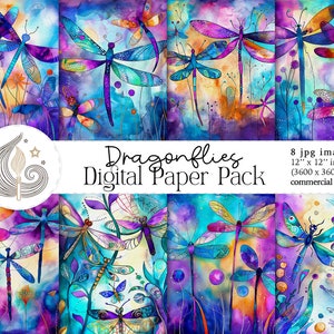 Papel digital de acuarela de libélula / Libélulas caprichosas / Uso comercial / Scrapbooking / Diario / Fabricación de tarjetas / Artesanía de papel