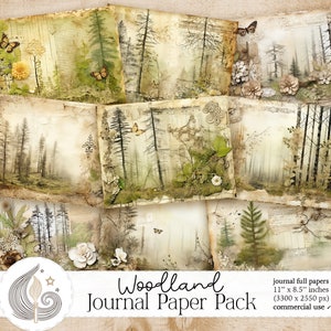 Woodland Digital Junk Journal-papier | Bos afdrukbare dagboekachtergrond | Bomen | Natuur | Rustiek | Plakboek | Knutselen | Diy