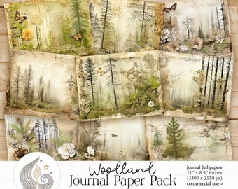 Op de afbeelding: Een digitaal papierpakket met 8 ontwerpen met een bos-thema. Elk ontwerp heeft een mistige bosscène met bomen, vlinders en bloemen. De papieren zijn 11 inch bij 8,5 inch en hebben een resolutie van 3300 pixels bij 2550 pixels. De papieren zijn voor commercieel gebruik.