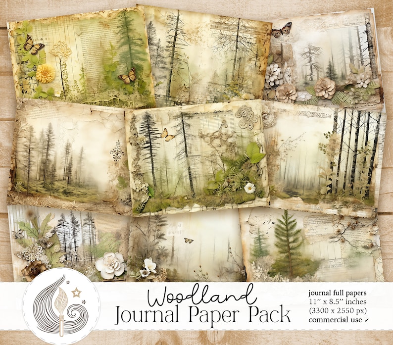 Woodland Junk Journal Papiere: Neutrale Wald Hintergründe mit Bäumen, Zweigen und weichen Wildtierdetails