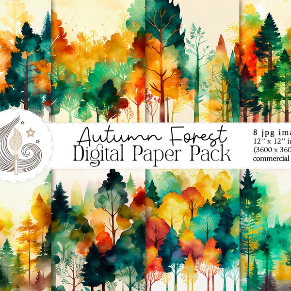 Autumn Forest Digital Paper Pack | Watercolor Backgrounds | Fall Digital Papers | Commercial Use | Scrapbooking | Trees | Woods | Nature