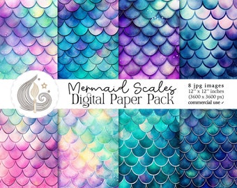 May include: A digital paper pack with eight 12x12 inch images of mermaid scales in shades of blue, purple, pink, and green. The scales have a watercolor effect and a galaxy-like background.