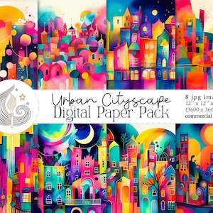 Urban Cityscape Digital Paper | Commercial Use | Abstract Watercolor City | Scrapbook Paper | Printable Paper | Whimsical | Colorful