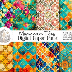 Pacchetto di carta digitale piastrelle marocchine / Sfondi digitali / Carta Scrapbooking / Arabesco etnico / Boho / Uso commerciale / Artigianato