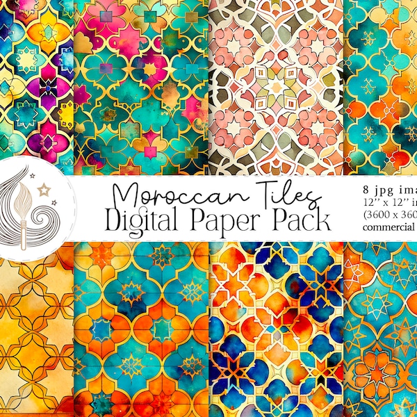 Moroccan Tiles Digital Paper Pack | Digital Backgrounds | Scrapbooking Paper | Arabesque Ethnic | Boho | Commercial Use | Crafts