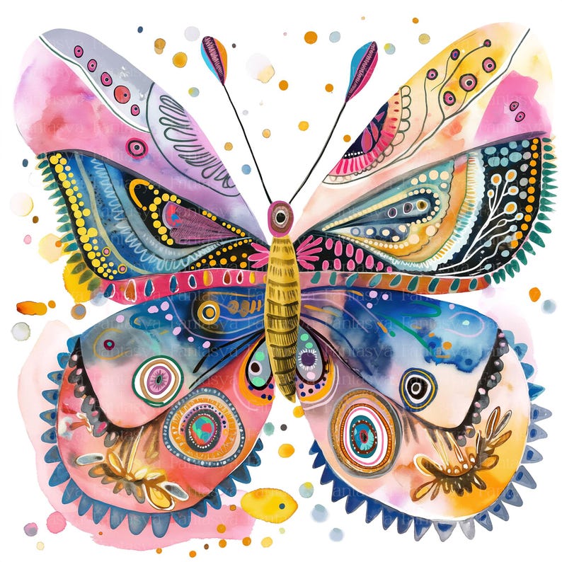 Puede incluir: Ilustraci&oacute;n de acuarela vibrante de una mariposa con patrones intrincados. La mariposa presenta una mezcla de tonos rosa, azul, amarillo y naranja. Las alas est&aacute;n adornadas con dise&ntilde;os detallados y el cuerpo es de color amarillo dorado.