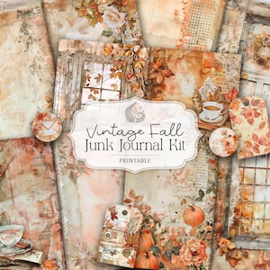 May include: A collection of printable vintage fall-themed junk journal kit pages. The pages feature a warm color palette of orange, brown, and cream, with floral and autumn leaf accents. The kit includes tags, envelopes, and pages with text and illustrations.