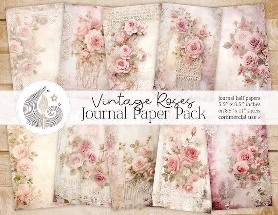Vintage Roses Junk Journal Pages: Soft Floral Papers with Antique Textures and Lace