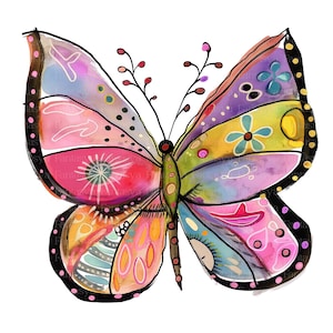 Puede incluir: Ilustraci&oacute;n de una mariposa colorida sobre un fondo blanco. La mariposa presenta una vibrante mezcla de tonos rosas, morados, amarillos y azules. Las alas est&aacute;n adornadas con patrones florales y geom&eacute;tricos, y delineadas en negro con peque&ntilde;os puntos rosas.