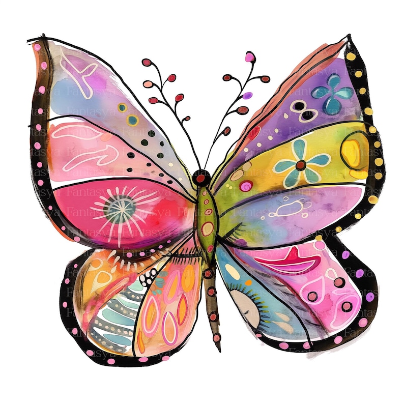 Puede incluir: Ilustraci&oacute;n de una mariposa colorida sobre un fondo blanco. La mariposa presenta una vibrante mezcla de tonos rosas, morados, amarillos y azules. Las alas est&aacute;n adornadas con patrones florales y geom&eacute;tricos, y delineadas en negro con peque&ntilde;os puntos rosas.