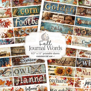Mots d'automne imprimable Junk Journal | Feuille de collage | Journal numérique d'automne, mots éphémères | Scrapbooking | Étiquettes | Balises