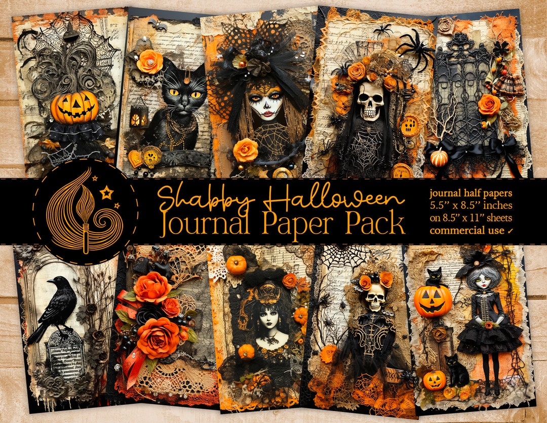 Shabby Halloween Junk Journal Pages: Witchy Papers With Pumpkins, Lace ...