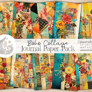 May include: A set of 10 colorful digital collage papers with a boho theme. The papers feature a variety of patterns and textures, including floral designs, geometric shapes, and abstract art. The papers are perfect for scrapbooking, card making, and other paper crafts. Each paper measures 5.5 inches by 8.5 inches.