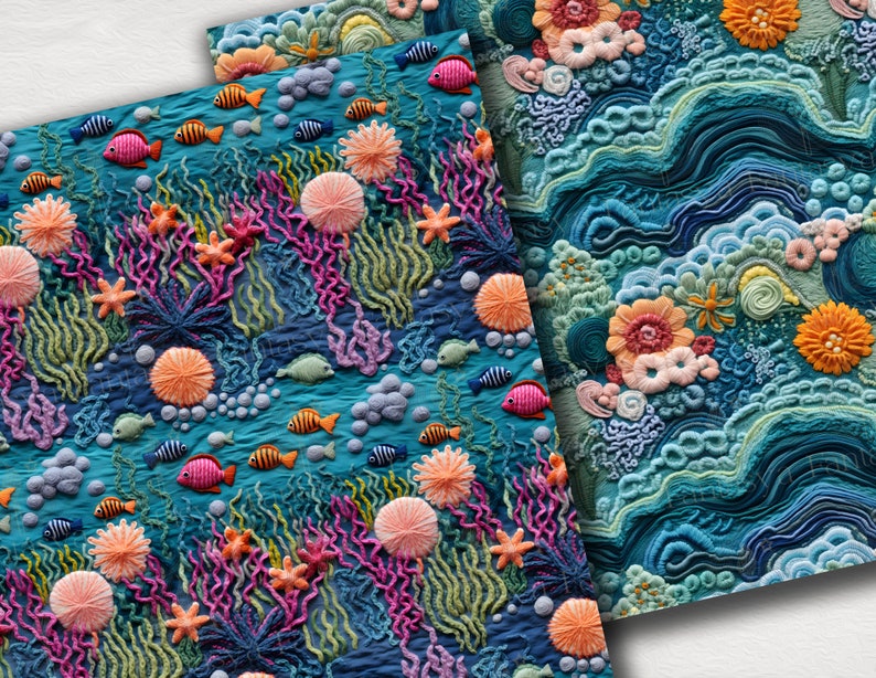 Embroidered Ocean Seamless Patterns: Underwater Digital Paper Pack With ...