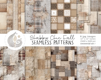 Shabby Chic Fall Seamless Patterns: Neutral Patchwork Digital Paper Pack with Vintage Autumn Textures
