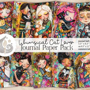 May include: A set of colourful journal paper packs with whimsical illustrations of people hugging cats. The artwork includes various skin tones, hairstyles, and cat breeds. Text on the image reads "Whimsical Cat Lover Journal Paper Pack". The paper is 14 x 21.6 cm.