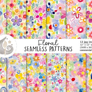 Patrón floral sin costuras / Uso comercial / Papel digital floral sin costuras / Flores preppy pintadas a mano en acuarela / Papel para álbumes de recortes
