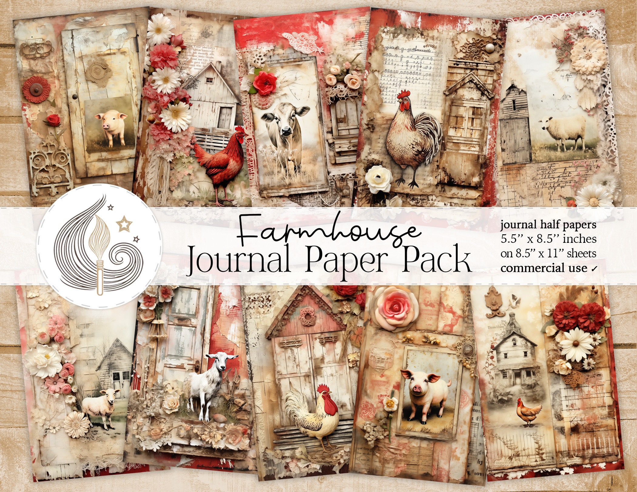Farmhouse Junk Journal Pages: Rustic Country Papers With Chickens ...