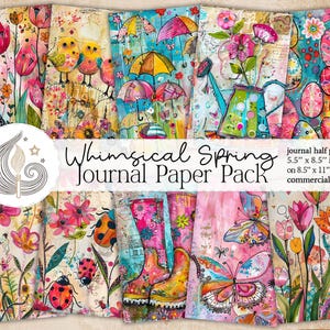 Può includere: Una collezione di carte da diario colorate con fantasiosi disegni primaverili. Le carte presentano illustrazioni di fiori, uccelli, ombrelli e farfalle. Il testo sull'immagine recita "Whimsical Spring Journal Paper Pack". Ogni carta misura 14 x 21,6 cm.