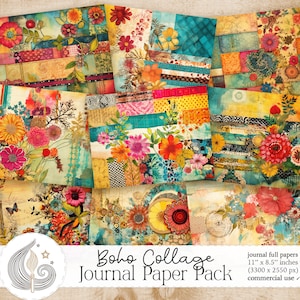 May include: A set of 10 digital collage papers featuring vibrant floral patterns, geometric shapes, and a mix of textures. The papers are designed in a boho style and are perfect for scrapbooking, card making, and other creative projects. The papers are 11 inches by 8.5 inches and are 3300 pixels by 2550 pixels.