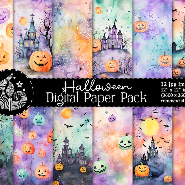 Halloween Digital Paper Pack: Watercolor Pumpkins and Haunted Houses in Pastel Tones