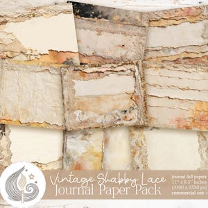 Puede incluir: Una colección de papeles de diario de estilo vintage con bordes rasgados y detalles de encaje en capas. Los papeles presentan una paleta de colores crema, beige y dorado. El texto de la imagen dice "Vintage Shabby Lace Journal Paper Pack". Cada papel mide 27,9 x 21,6 cm.