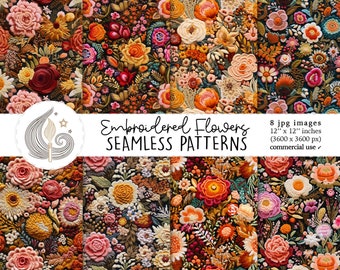 Embroidered Flowers Seamless Patterns: Vintage Garden Digital Paper Pack with Rich Stitched Textures