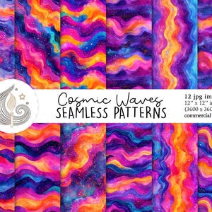 Puede incluir: Doce patrones digitales sin costuras que presentan ondas abstractas de acuarela en tonos de rosa, morado, azul y naranja con un fondo de galaxia. Los patrones miden 30,48 cm x 30,48 cm y son para uso comercial.