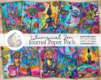 Whimsical Zen Junk Journal Pages: Colorful Spiritual Boho Meditative Printable Mixed Media Papers