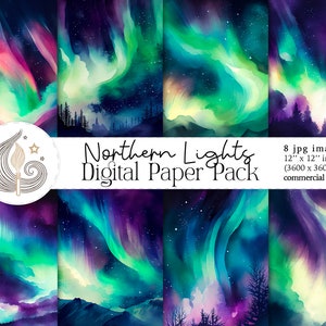 Aurores boréales à l'aquarelle | Paquet de papier numérique | Papier numérique Aurora Borealis | Artisanat en papier | Scrapbooking | Utilisation commerciale