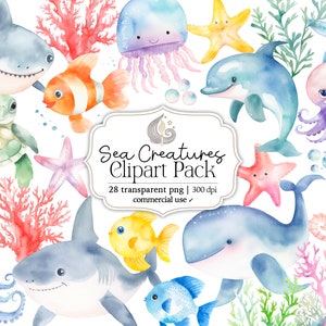 Aquarel zeedieren clipart set Oceaan kwekerij decor onderwater dieren Instant Download commercieel gebruik babyshower graphics