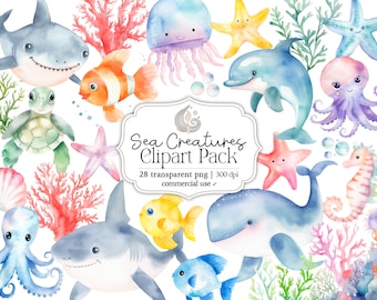 Watercolor Sea Creatures Clipart Set Ocean Nursery Decor Underwater Animals Instant Download Commercial Use Baby Shower Graphics