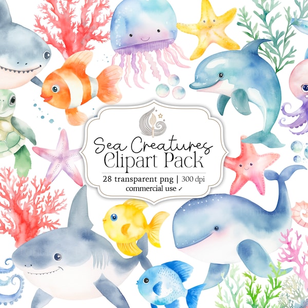 Aquarell Meerestiere Clipart | Meerestiere Clipart | Sofortdownload | Kommerzielle Nutzung | Unter dem Meer | Meerestiere | Kinderzimmer