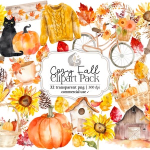 Watercolor Cozy Fall Clipart Set Autumn Decor Digital Paper Instant Download Commercial Use Pumpkin Leaves Graphics