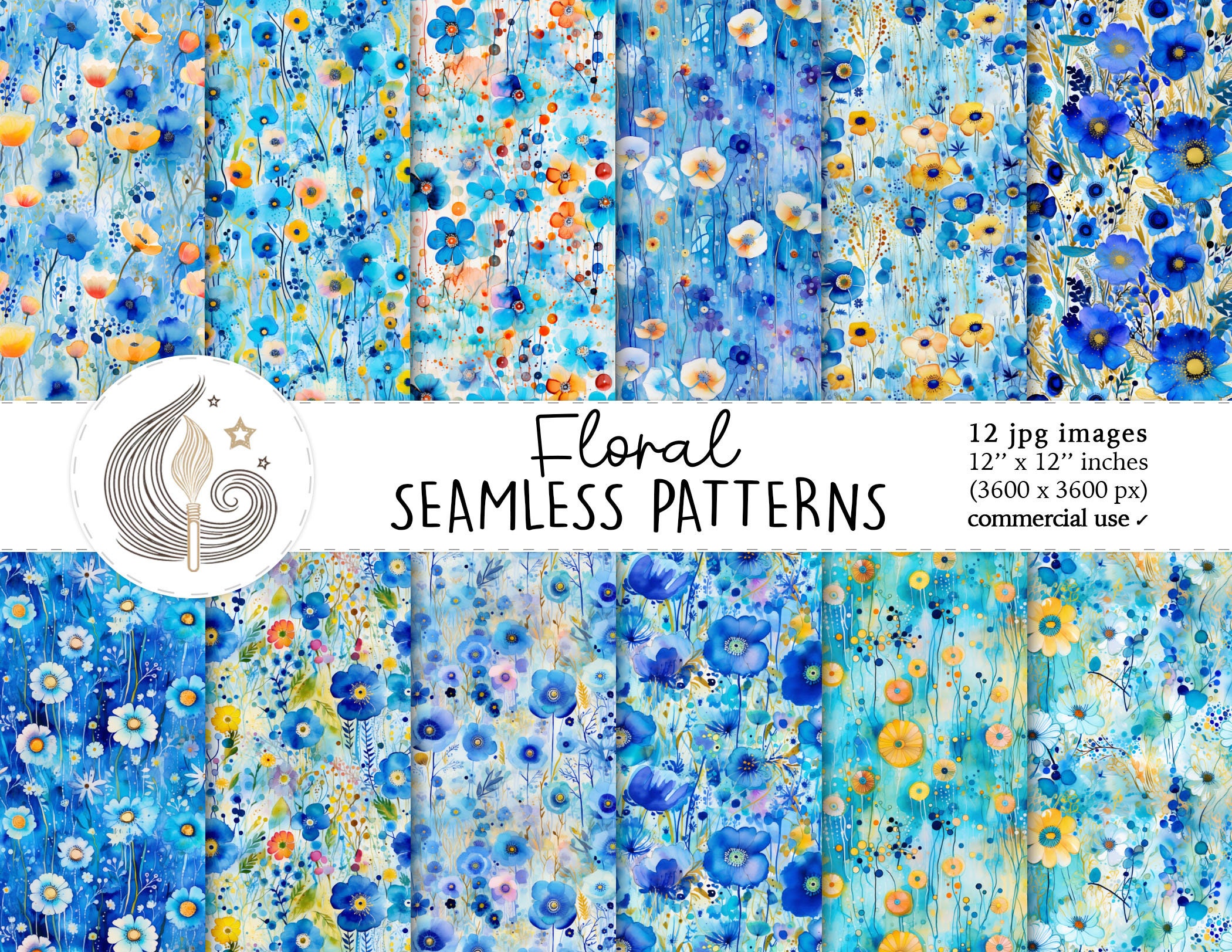 Floral Seamless Patterns: Watercolor Flower Digital Paper Pack in Blue ...